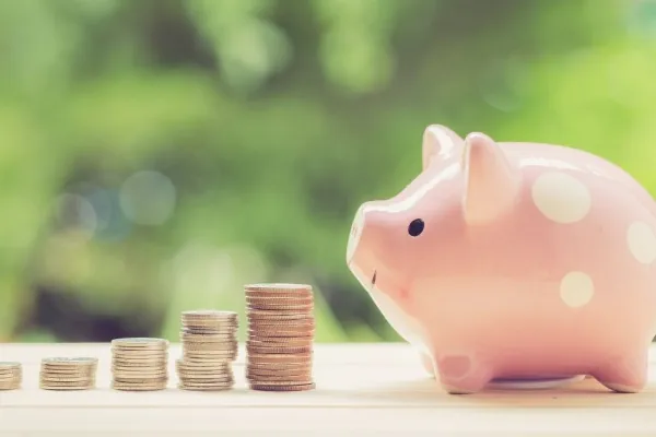 pink piggy bank sitting next to stacks of coins