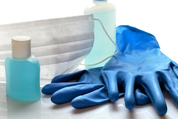personal protective equipment including gloves, mask, sanitizer