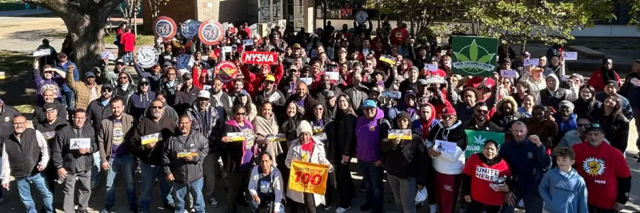 large group of volunteer union members/supporters posing for photo at labor walk