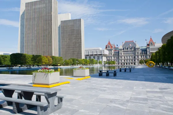 NYS Capitol building shot from Empire State plaza at an angle