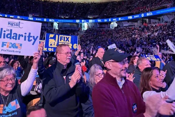 Union members cheering at a fix tier 6 rally